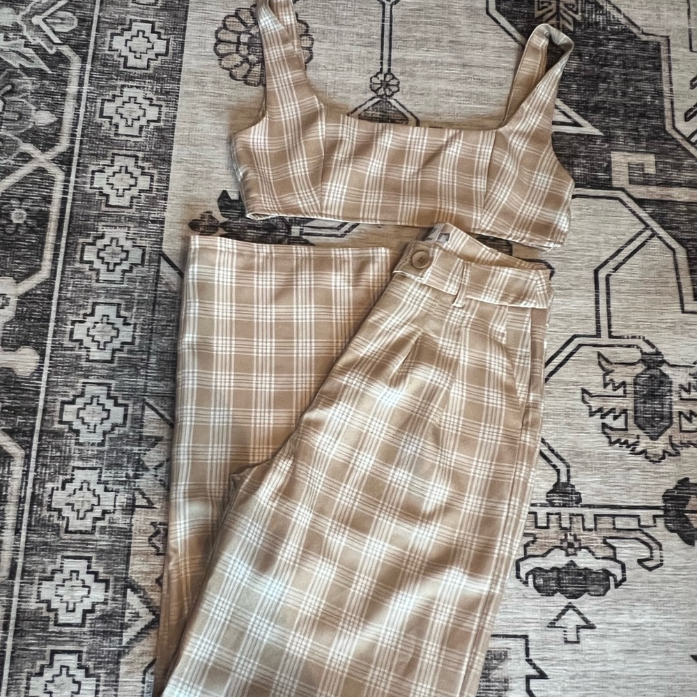 Princess Polly Tan Plaid Boot Cut Pants & Crop Top Set